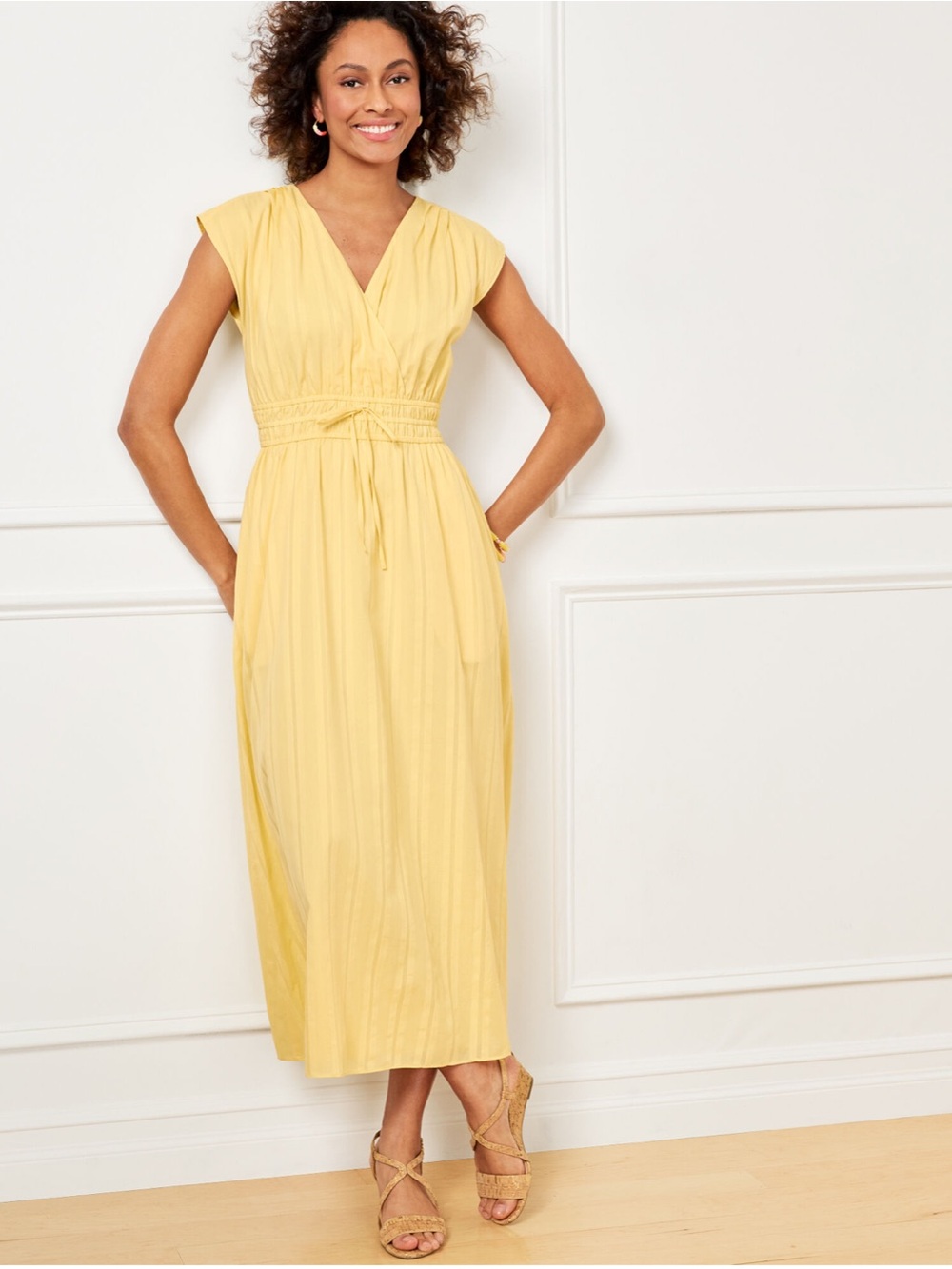 Talbots Petite V-Neck Smocked-Waist Midi Fit & Flare Short Sleeve Dress Size 16P